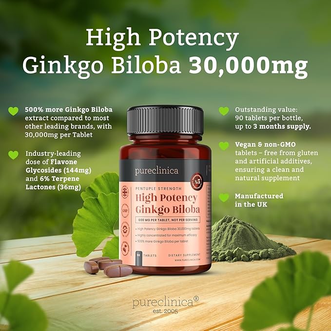 pureclinica High Potency Ginkgo Biloba 30,000mg x 360 Tablets (4 Bottles of 90) - 12 Months Supply - 5 Times The Strength of Competitor Products