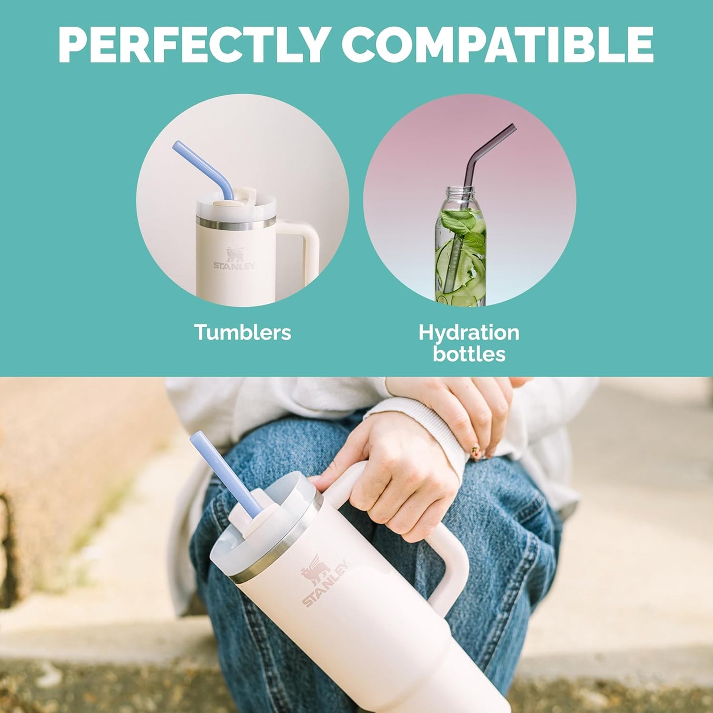 Simply Straws 12 Inch Glass Straws Bent (6-Pack) – Reusable Glass Straws for Stanley 40 Oz Tumbler, with Cleaning Brush – Durable, Dishwasher Safe, Hot & Cold Use, BPA-Free (Cote d'Azur)