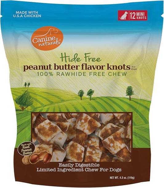 Canine Naturals Natural Peanut Butter Chew, Mini Knot - 12 Pack - 100% Rawhide Free and Collagen Free Dog Treats - Made with Real Peanut Butter - All-Natural and Easily Digestible