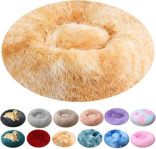 Calming Donut Dog & Cat Bed, 36 Inch Round Fluffy Dog Beds for Small Medium Large Dogs and Cats Anti-Anxiety, Puppy Bed, Washable Round Cozy Soft Pet Bed (Yellow White)