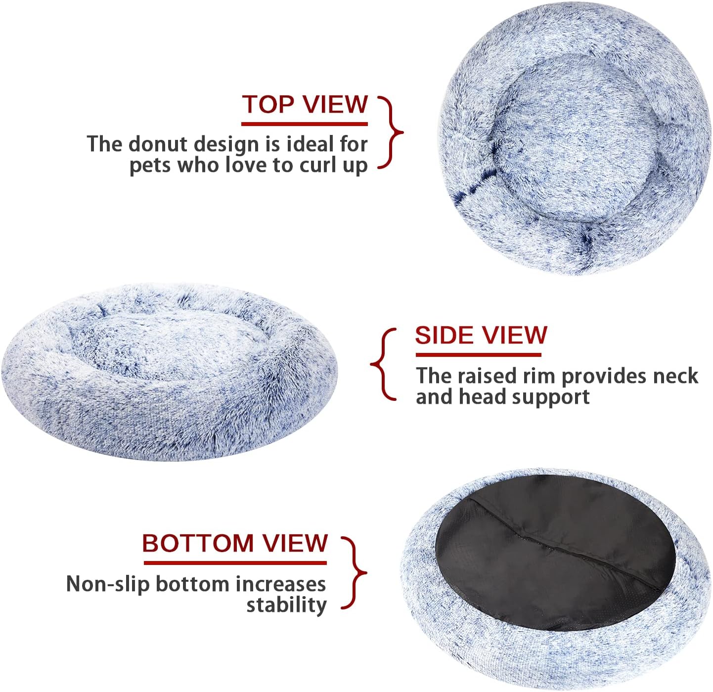 Bedfolks Calming Donut Dog Bed, 30 Inches Round Fluffy Dog Beds for Medium Dogs, Anti-Anxiety Plush Dog Bed, Machine Washable Pet Bed (Navy Blue, Medium)