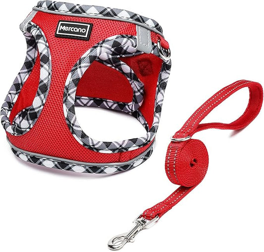 Mercano Soft Mesh Dog Harness and Leash Set, No-Chock Step-in Reflective Breathable Lightweight Easy Walk Vest Harnesses with Safety Buckle for Small Dogs, Cats (Red, XL)