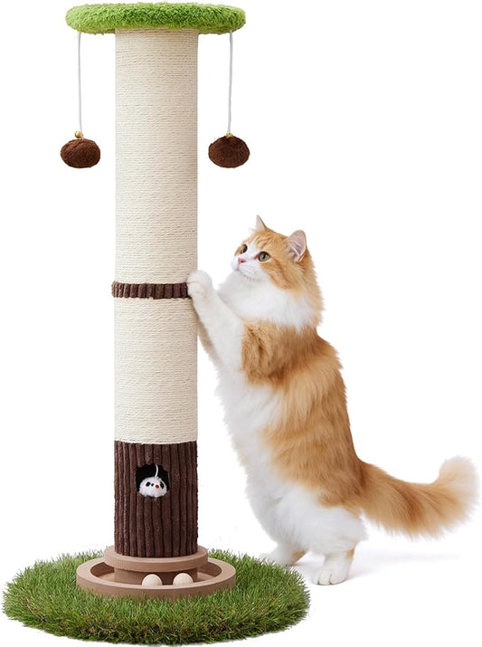 34inches Tall Cat Scratching Post with Cat Ball Track Toy Heavy Duty and Thicker Large Diameter Natural Sisal Cat Scratcher Post for Indoor Cats Protect Your Furniture