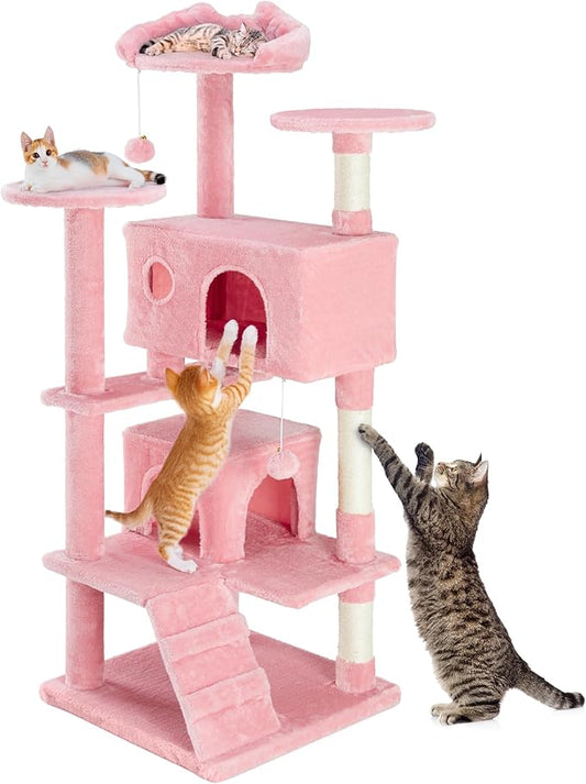 54 Inches Cat Tree Tower Condo, Cat Tower for Indoor Cats, Multi-Level Furniture Activity Center with Wide Base, Cozy Plush Cat Perches, Detachable Toy, Pink
