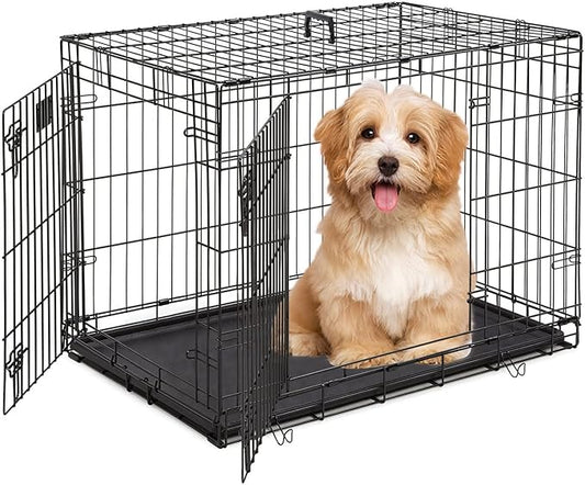Pet Dog Crate, 36 Inches Metal Wire Large Dog Cage Double Door Folding Dog Kennel with Divider Panel, Leak-Proof Plastic Pan, Indoor Outdoor Pet Crates for Small Medium Breed Dogs Animals