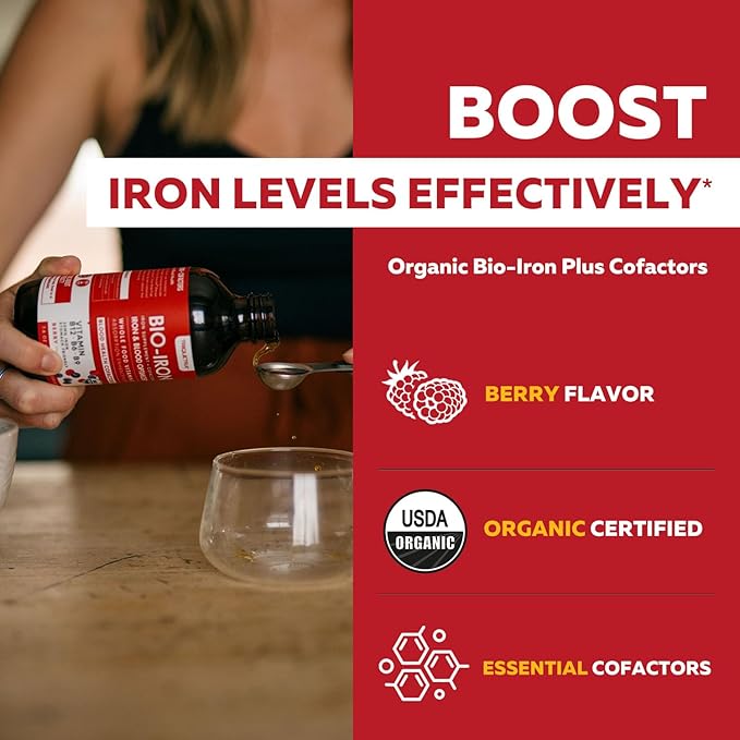 Liquid Iron Supplement | Organic Certified, Berry Flavor - Whole Food Vitamin C Absorption Boost & Blood Building B Vitamins - Methyl B12, L-Methylfolate & B6 - Supports Healthy Iron Levels - 7.6 oz
