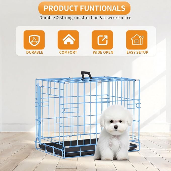 PayLessHere 18 Inch Dog Crate Kennel for Small Dogs Metal Cage Single-Door Folding Travel Indoor Outdoor Puppy Playpen with Divider and Handle Plastic Tray,Blue