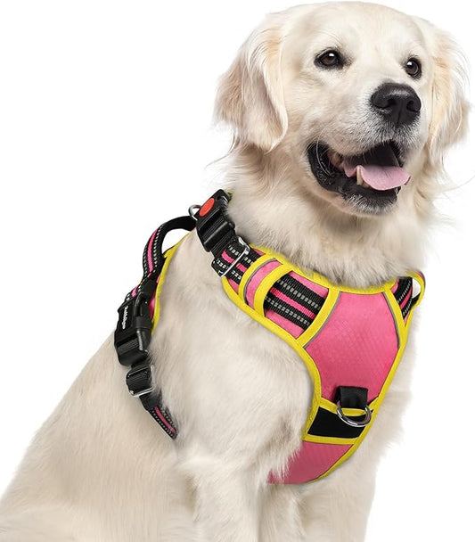 rabbitgoo Dog Harness for Large Dogs, No Pull Pet Vest with 3 Buckles, Adjustable Soft Padded Pet Harness with Easy Control Handle and Reflective Strips, Pink & Yellow, XL