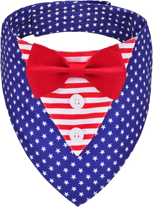 ADOGGYGO American Flag Dog Tuxedo Bandana, Red Blue Pet Tux with Bowtie Adjustable 4th of Julty Bandana Costume for Large Dogs Pets (L)
