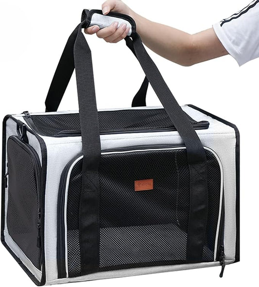 Cat Carrier Dog Carrier, Pet Travel Bag for Cats & Small Dogs up to 15 lbs, Washable Soft Sided Collapsible Airline Approved Puppy Carrier, 17.5"x12"x12. (Light Gray)