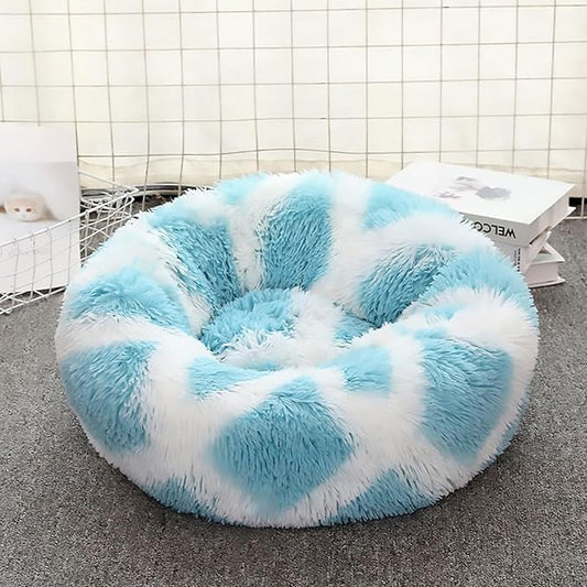 Calming Dog Bed for Small Dogs, Calming Donut Cuddler Pet Bed Anti Anxiety Round Dog Bed Fluffy Plush Faux Fur Cat Bed,Blue+White,15.7IN
