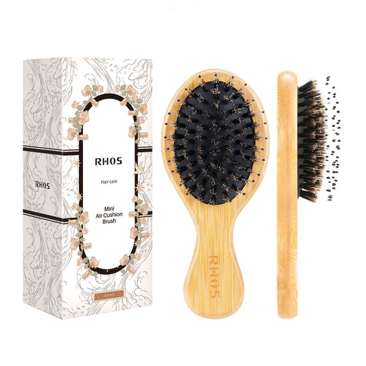 Rhos Mini Boar Bristle Hair Brush For Women/Men/Kids-Small Bamboo Paddle Brush For Smoothing/Detangling/Adding Shine-Travel Size