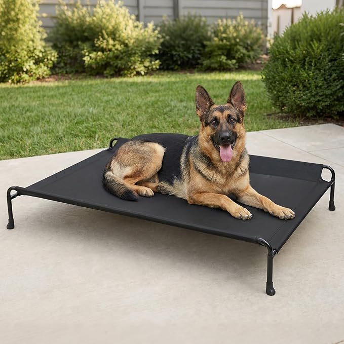 Veehoo Outdoor Dog Bed, Raised Dog Beds for Large Dogs, Elevated Dog Bed with Headrest, Washable Cooling Pet Cot with Non-Skid Feet, Breathable Mesh, Pet Hammock for Indoor or Camping, 47", Black