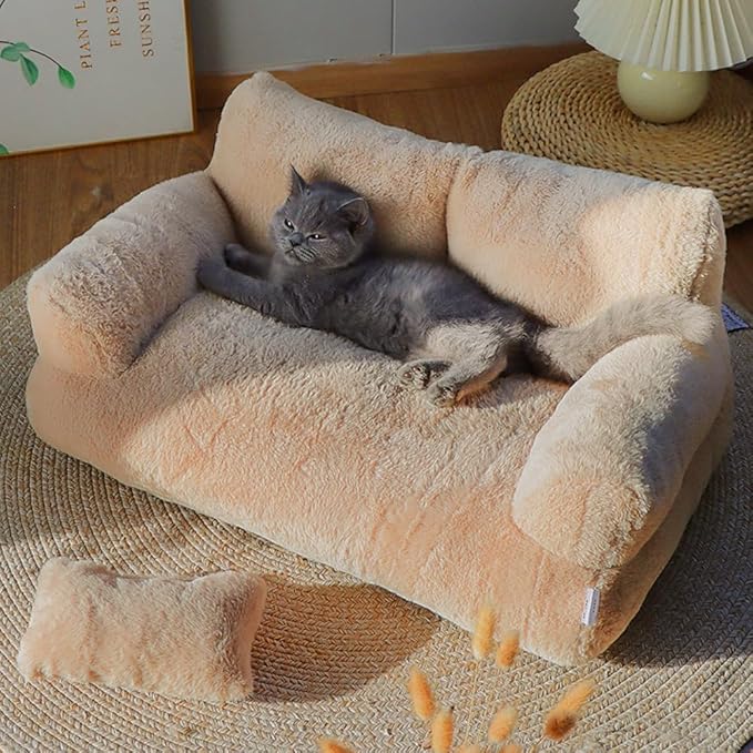 Soft Fluffy Self-Warming Cat Bed | Washable Pet Sofa for Indoor Cats & Small Dogs | Cute Princess-Inspired Kitten Couch & Puppy Bed(Light Orange,29.53''*20.08''*11.02'')