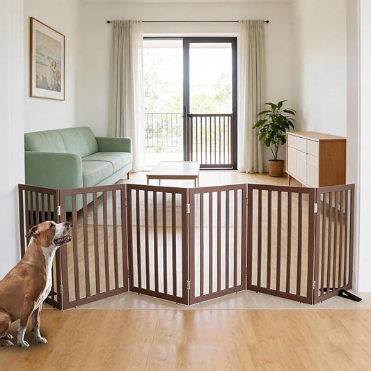 ZJSF Freestanding Indoor Dog Gate for House Foldable Wood Puppy Gate for Doorways Pet Gate for Stairs Extra Wide Pet Fence, Brown, 32" Height 6 Panels