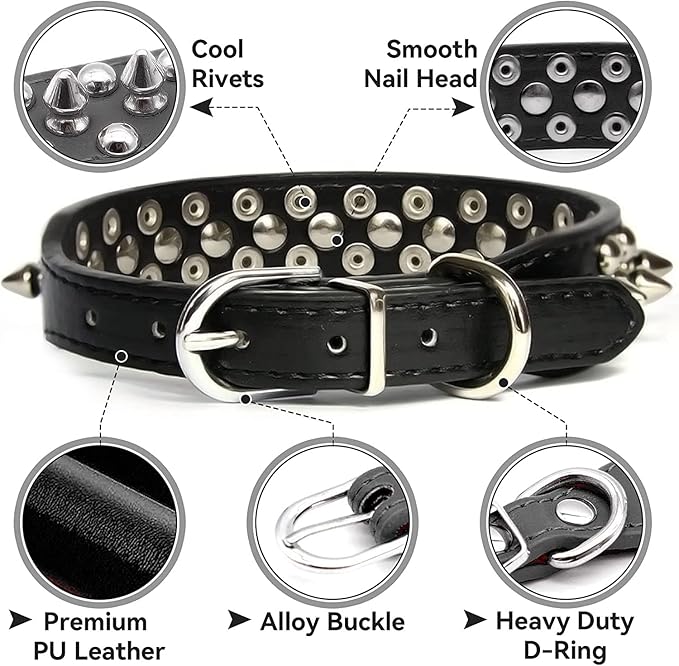Spiked Dog Collar Soft Pu Leather Mushrooms Rivet Spike Studded Puppy Adjustable Pet Collars for Small Breeds (S, Light Blue Set)