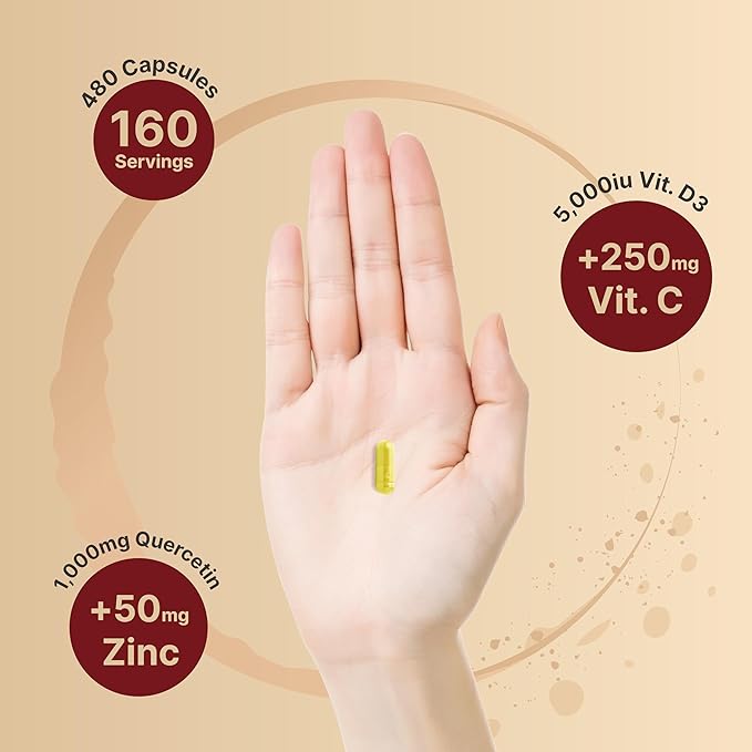 NatureBell 2 Pack Zinc Quercetin with Vitamin C & D3, 480 Capsules | Quercetin 1,000mg, 4 in 1 Zinc 50mg, Vitamin C 250mg, Vitamin D3 5,000 IU – ZincVanta Advanced Immune Defense & Lung Support