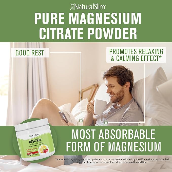 NaturalSlim Magicmag Pure Magnesium Citrate Powder Stress, Constipation, Muscle, Heart Health, and Sleep Support | Raspberry Lemon Magnesium Supplement - 8oz Drink Mix (3 Pack)
