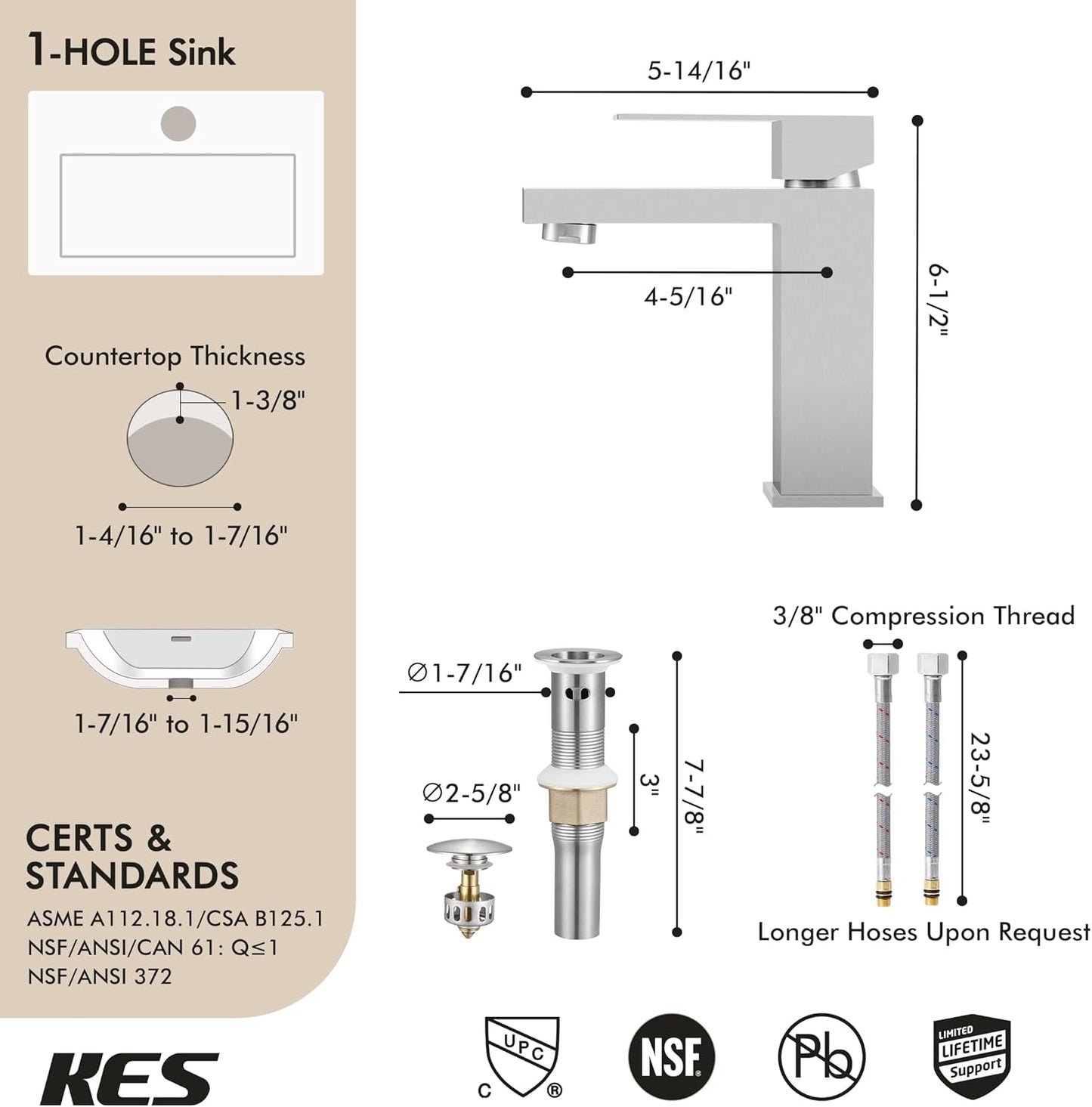 KES Bathroom Faucet Single Hole & Bathroom Sink Drain with Overflow, cUPC Certified Vanity Faucet Brushed Stainless Steel, L3156ALFF12-BS-C1