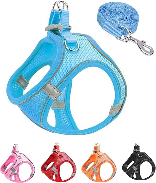 XXS Pink Soft Mesh Dog Harness and Leash Set,No Escape Puppy Harnesses for Training Walking， Reflective Adjustable Puppy Vest for Small Medium Dogs, Cats (Blue, S)