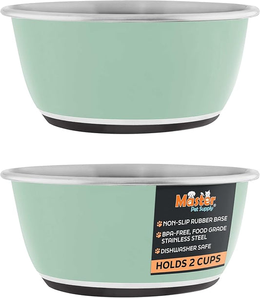 Master Pet Supply Stainless Steel Dog Bowls Set of 2 (16 Oz Each) with Non-Slip Rubber Base - Pistachio - Basic Dog Food Bowl Water & Food Bowls for Small Medium Large Dogs & Cats, Metal Dish