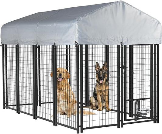 LEMBERI 8x4x4 Outside Dog Kennel with Roof for Large Dogs,Heavy Duty Welded Wire Steel Dog Playpen Fence with Secure Lock, Pet Pen with UV-Resistant Waterproof Cover (93.1''L x 50.4''W x 56.6''H)