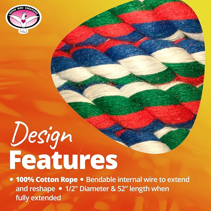 Super Bird Creations SB323 Small Bungee Bird Toy - Rope Perch for Canary, Parakeets, Cockatiels, Finch, Lovebirds - Colorful Hanging Perch - Enriching Bungee Toy for Small Birds & in Bird Cages