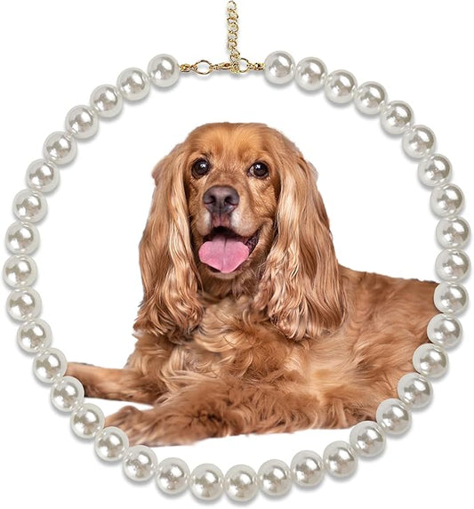 Chunky Pearl Dog Collar Large Breed (0.55 Inch), Adjustable Dog Necklace, Beaded Dog Collar Imitation White Pearls, Elegant Girl Dog Jewelry Accessories for Large Dogs