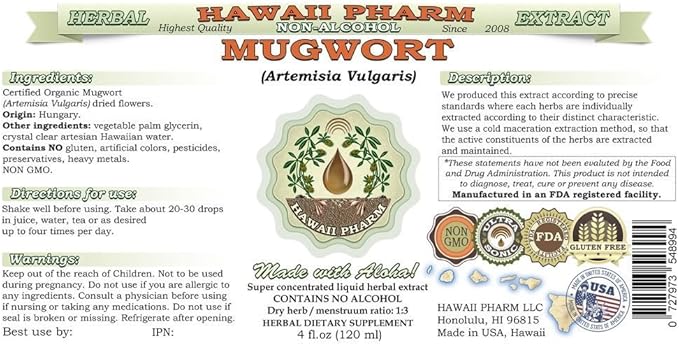 Mugwort Alcohol-Free Liquid Extract, Organic Mugwort (Artemisia vulgaris) Dried Flower Glycerite Natural Herbal Supplement, Hawaii Pharm, USA 2x32 oz Unfiltered