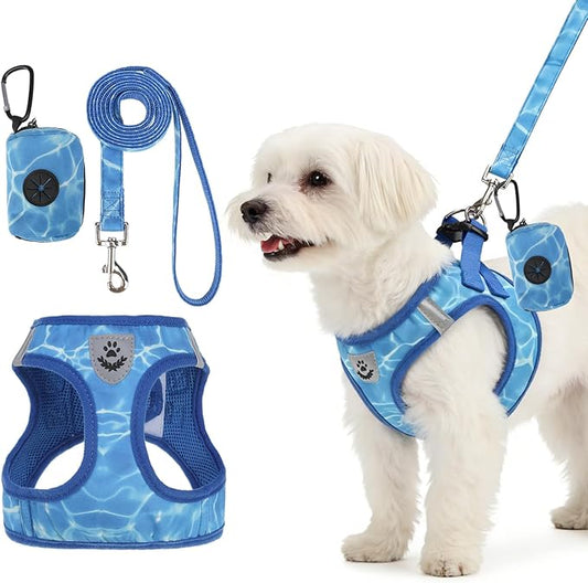 PAWCHIE Dog Harness and Leash Set, Step in No Pull Soft Pet Harness, Reflective Adjustable Puppy Vest for Small Medium Dogs Cats, No Choke Harness Vest with Poop Bag Holder for Walking,Running,Blue M