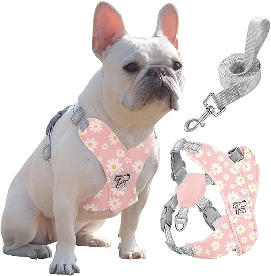 Pawaboo Small Dog Harness and Leash Set, Puppy Harness X-Frame No Pull No Choke, Dog Vest Harness Adjustable for Small Medium Sized Dogs,Soft Breathable Pet Harness for Walking Outing, L, Pink Daisy