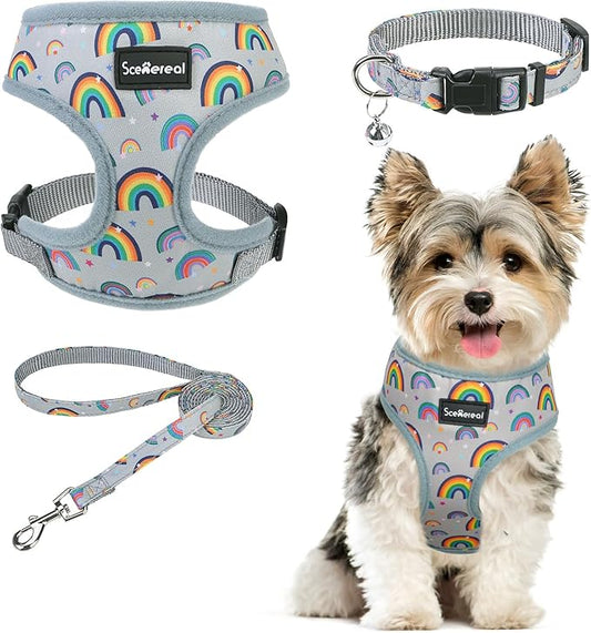 SCENEREAL Small Dog Harness Collar and Leash Set, Adjustable No Pull Pet Harnesses, No Chock Soft Mesh Vest for Doggie Puppy Medium Dogs Cats Girl or Boy,Chihuahua, Yorkie, Outdoor Walking