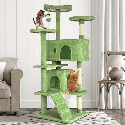 54” Cat Tree Tower for Indoor Cats - Multi-Level Playhouse with Sisal Scratching Posts, Condo, Perch & Hanging Toy - Tall Cat Furniture Activity Center (Green)