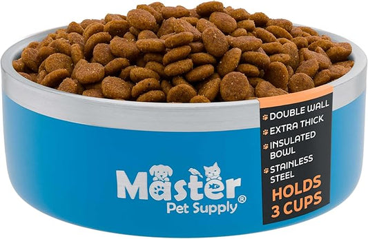 Master Pet Supply Stainless Steel Dog Bowls - 25 oz, Heavy Duty - True Blue, Double Wall Extra-Thick Insulated, Non-Slip Pet Water Bowl for Dogs, Cats & Pets, Anti Rust Metal, Dish Washer Safe