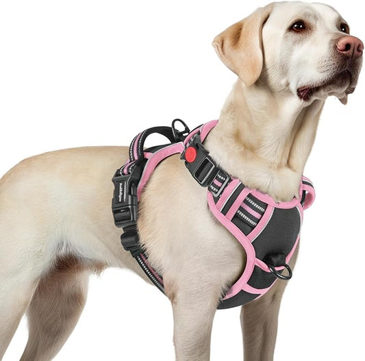 rabbitgoo Dog Harness for Large, No Pull Pet Harness with 3 Buckles, Adjustable Soft Padded Vest with Control Handle, Walking Reflective Pet Vest for Large Dogs, Black & Pink, L