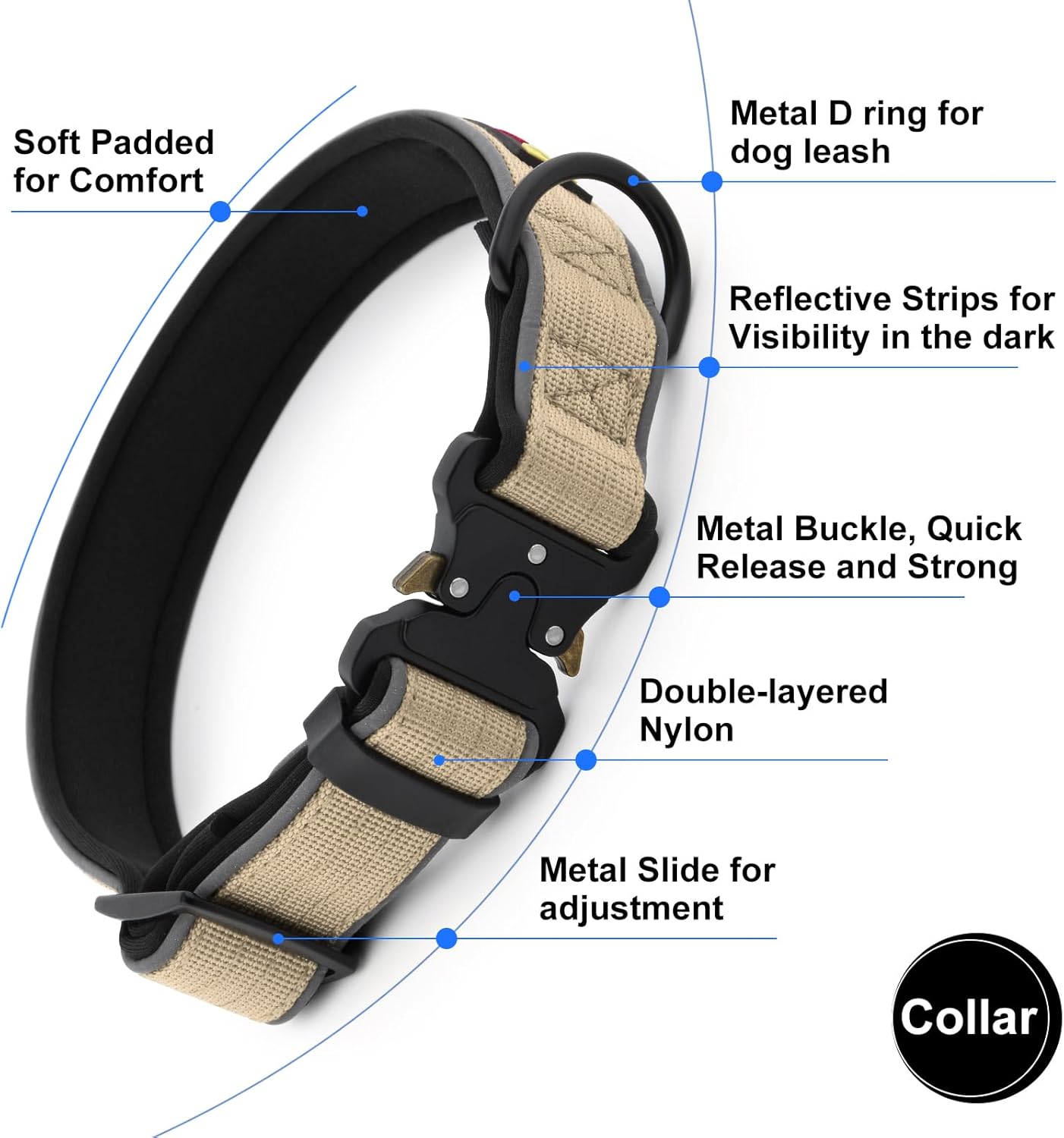 Plutus Pet Tactical Dog Collar, Reflective, Adjustable Heavy Duty Dog Collar, Soft Padded and Comfortable, for Small Medium and Large Dogs (Beige, M)