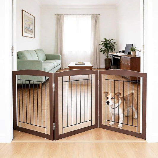 ZJSF Freestanding Foldable Dog Gate for House Extra Wide Wooden Brown Puppy Gate Stairs Dog Gates Doorways Tall Pet Gate 24 "Height 3 Panels Pet Fence