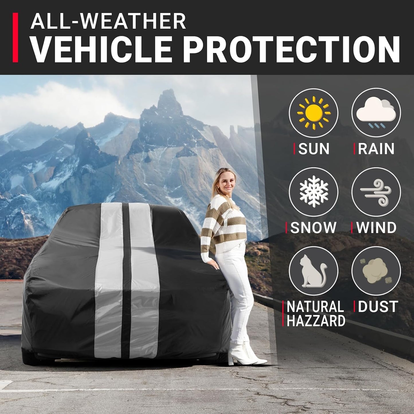 iCarCover Custom Car Cover for Pontiac Lemans Wagon (1978-1981) Waterproof All-Weather Rain Snow UV Sun Protector Full Exterior Indoor Outdoor Car Cover (Stripe - Black/Gray)