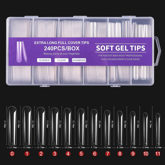 Cycullinyt Square Gel X Nail Tips, 240Pcs Soft Gel Square Long Nail Tips, 12 Sizes Acrylic False Nail Tips, For Beginner And Pro