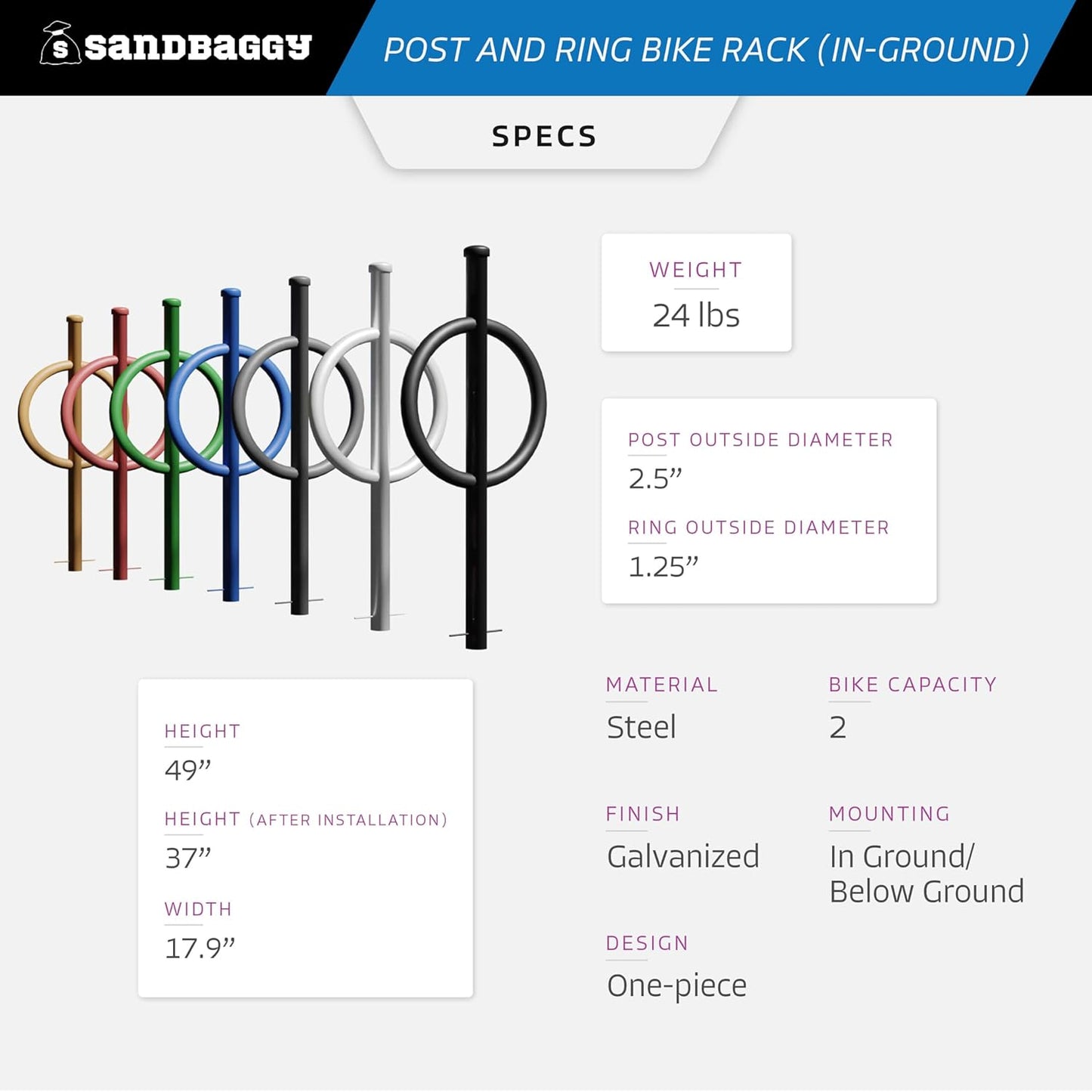 Sandbaggy Post and Ring Rack - In Ground - Commercial Outdoor Bike Parking & Storage Racks (Red, 10)