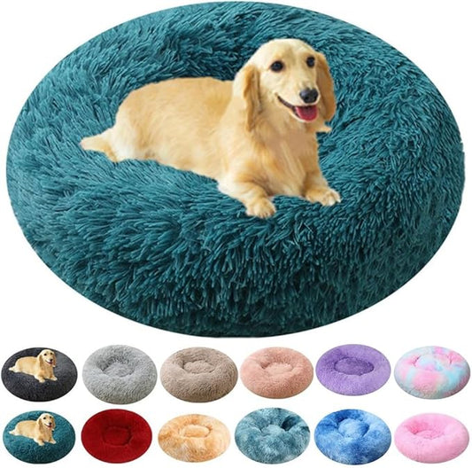 Calming Small Dog Bed & Cat Bed, 16 Inch Donut Fluffy Anti-Anxiety Round Bed Washable Cute Bed, Cuddler Warming Cozy Soft Bed, Plush Cushion Bed for Small Medium Dogs and Cats (Dark Blue)