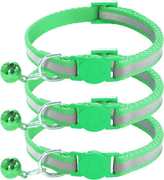 3 Pack Reflective and Breakaway with Bells of Cat Collar，Adjustable from 7.5 to 12.5 Inches, Ideal of Kitten Collar, Suitable for Girls and Boys (Light Green)