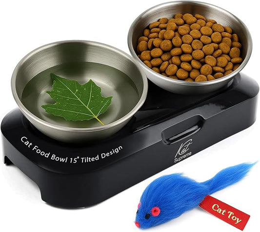 Cat Food Bowl - KATSUPREME Cat Bowls for Indoor Cats | Set of 2 Stainless Steel Bowl, Tilted Bowls Elevated Anti Vomiting, Non-Slip Base, Ant Proof Food & Water.