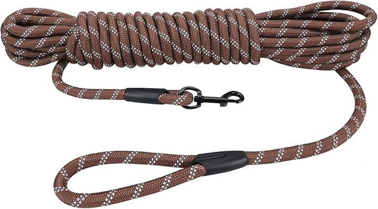 Long Dog Leash for Training 20Ft-Reflective Nylon Rope with Swivel Hook-Recall Agility Lead for Large Small Medium Dogs Outside Walking Hiking-Brown Diam 1/2"