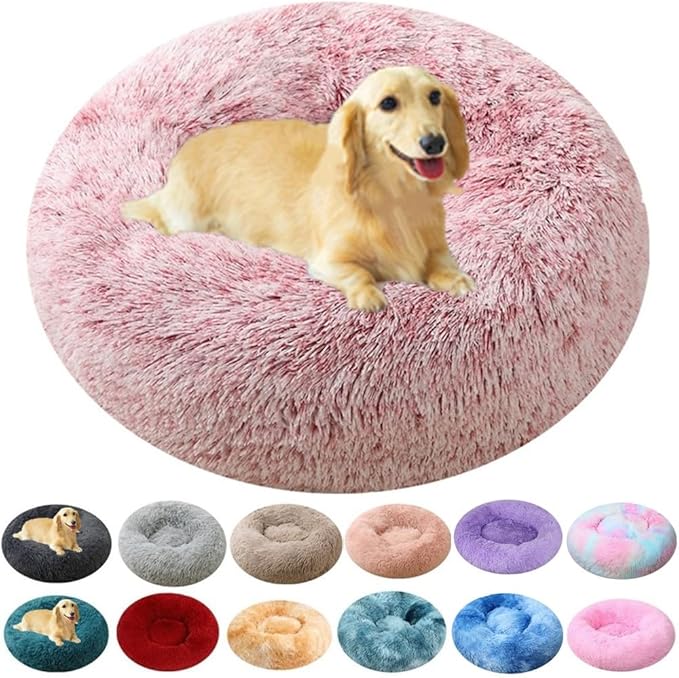 Calming Large Dog Bed & Cat Bed, 43 Inch Anti-Anxiety Donut Dog Cuddler Cat Bed, Warming Cozy Soft Dog Round Bed, Fluffy Faux Fur Machine Washable Pet Cushion for Medium Dogs & Cats (Rose White)