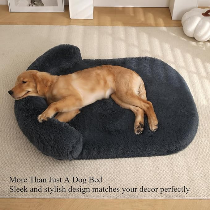 Calming Dog Bed - Fluffy Plush Mat with Removable Washable Cover | Furniture Protector for Large Dogs & Cats(Grey,21.65X15.75X4.33in)