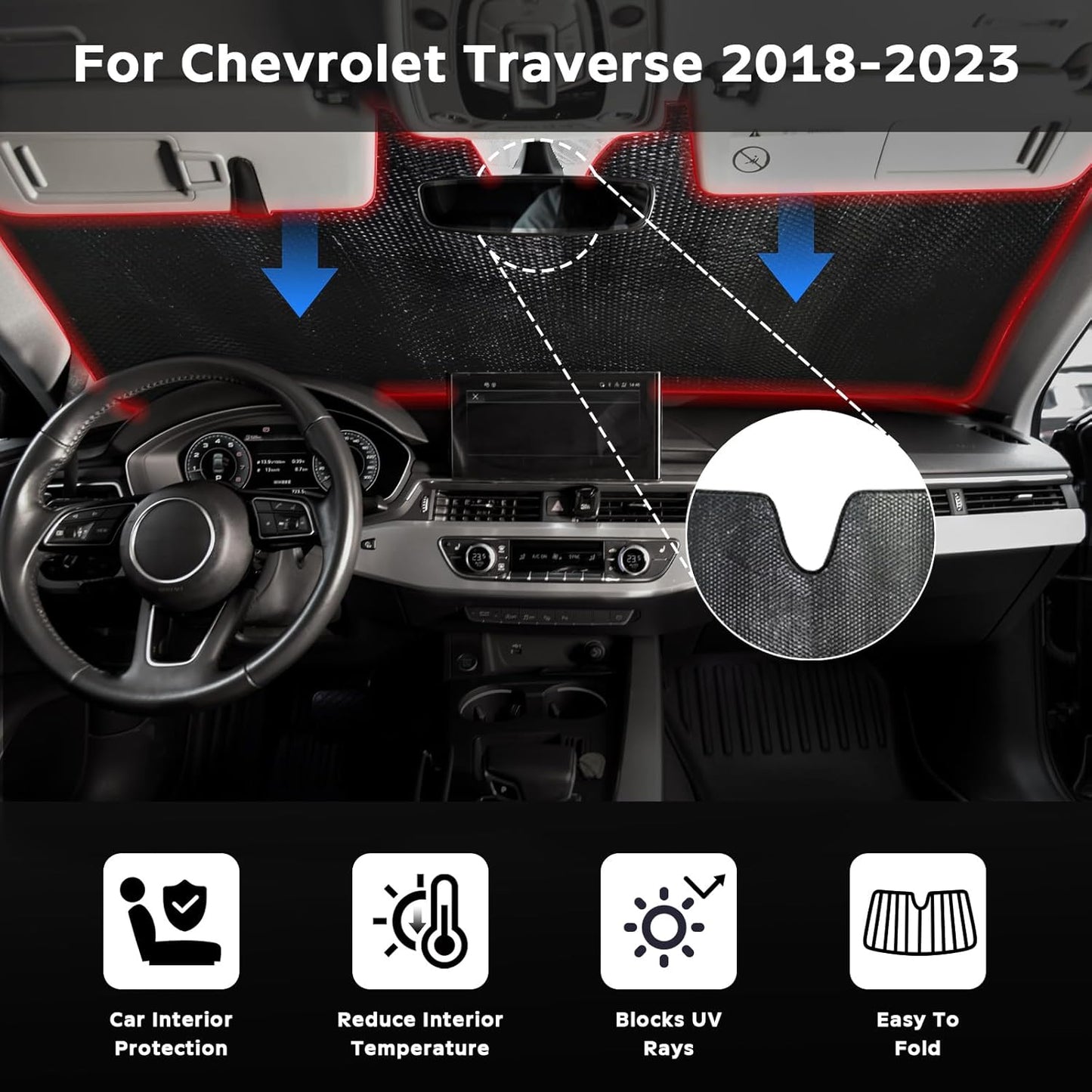 Windshield Sun Shade for 2018-2023 Chevrolet Traverse LS LT RS Redline Premier High Country SUV - 5-Layer Bubble Front Window Shade Sun Visor Accessories - Blocks Heat & UV Rays