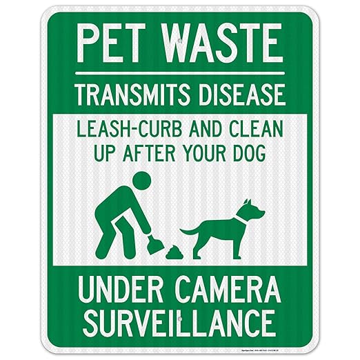 Pet Waste Leash-Curb and Clean Up After Your Dog Under Camera Surveillance Sign, 24x30 Inches, 3M EGP Reflective .080 Aluminum, Fade Resistant, Made in USA