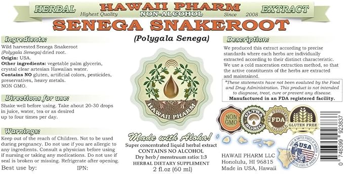 Senega Snakeroot Alcohol-Free Liquid Extract, Senega Snakeroot (Polygala Senega) Dried Root Glycerite Natural Herbal Supplement, Hawaii Pharm, USA 2x4 fl.oz