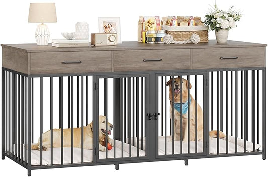 HOSTACK Double Dog Crates Furniture, 71" Wide Indoor Dog Kennel with 3 Drawers, Farmhouse Dog Cage for 2 Large/Medium Dogs, Heavy Duty Dog Crate with Removable Divider, Wooden Pet House, Ash Grey